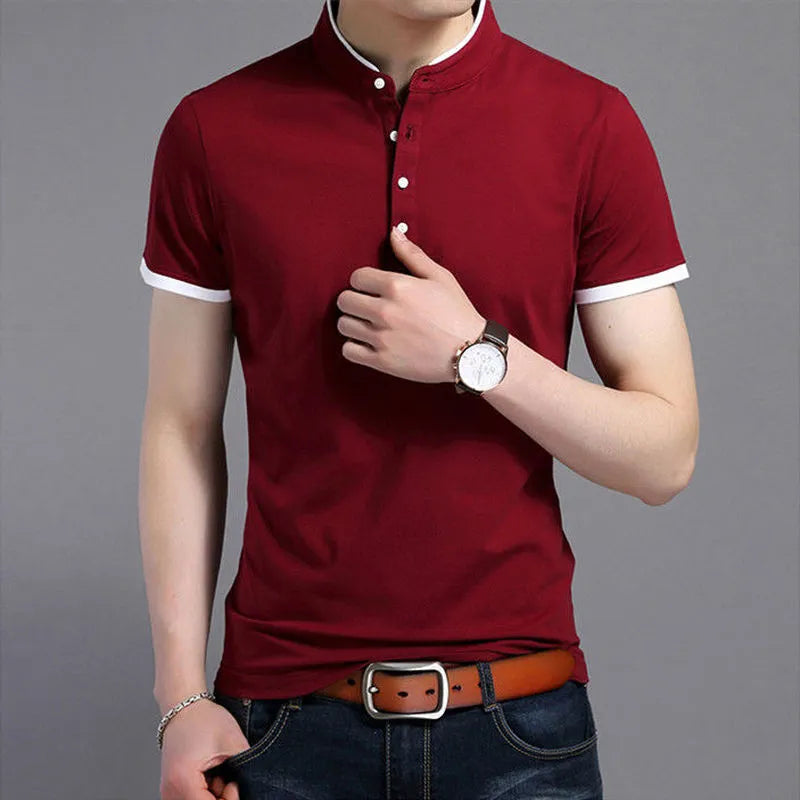Men's Casual Short Sleeve T Shirts Half Buttons Stand Collar Comfy Pullovers Solid Soft Tops Summer Korea Tide Slim Thin Tees