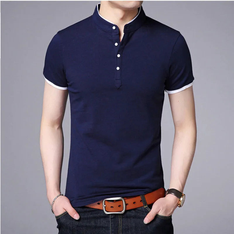 Men's Casual Short Sleeve T Shirts Half Buttons Stand Collar Comfy Pullovers Solid Soft Tops Summer Korea Tide Slim Thin Tees