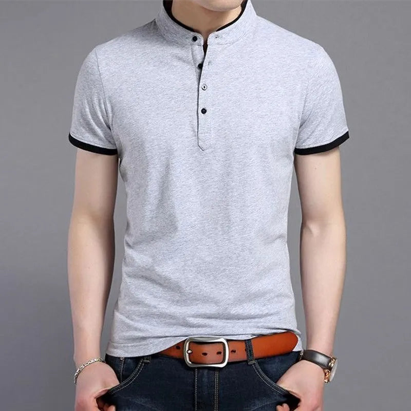 Men's Casual Short Sleeve T Shirts Half Buttons Stand Collar Comfy Pullovers Solid Soft Tops Summer Korea Tide Slim Thin Tees