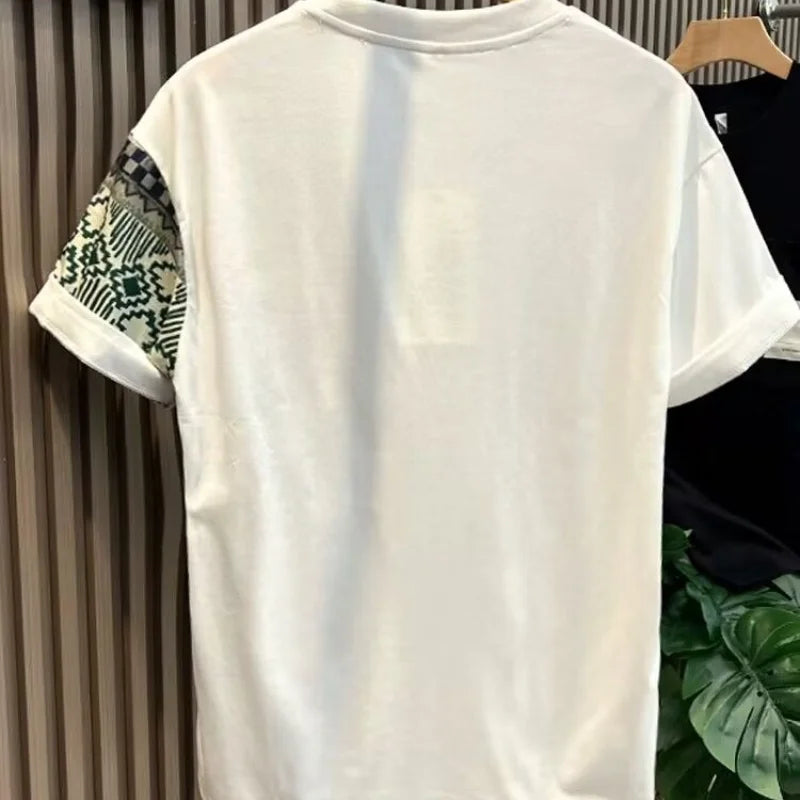 Men's Summer New Round Neck Pullover Fashion and Elegant Casual T-shirt Printed Pocket Panel Supple Versatile Short Sleeve Tops