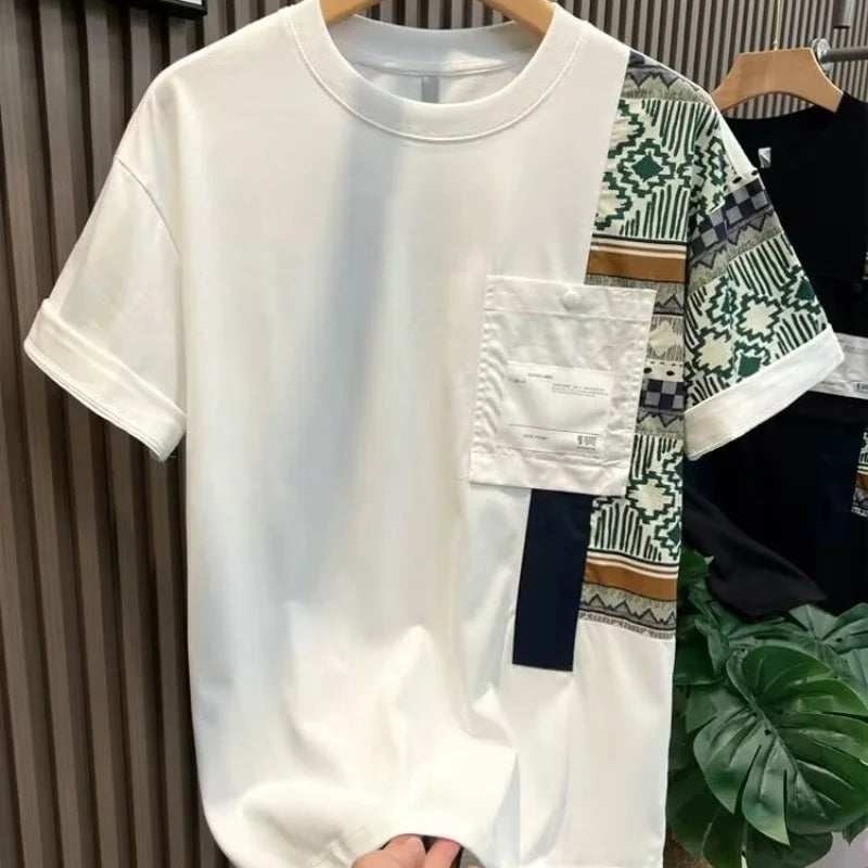 Men's Summer New Round Neck Pullover Fashion and Elegant Casual T-shirt Printed Pocket Panel Supple Versatile Short Sleeve Tops