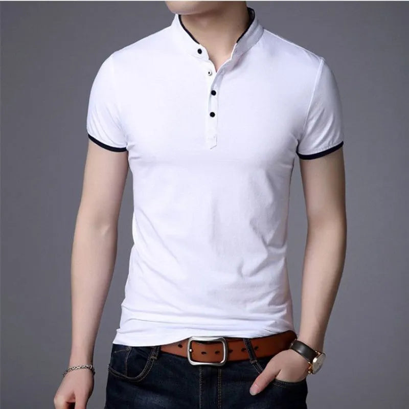 Men's Casual Short Sleeve T Shirts Half Buttons Stand Collar Comfy Pullovers Solid Soft Tops Summer Korea Tide Slim Thin Tees