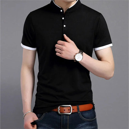 Men's Casual Short Sleeve T Shirts Half Buttons Stand Collar Comfy Pullovers Solid Soft Tops Summer Korea Tide Slim Thin Tees